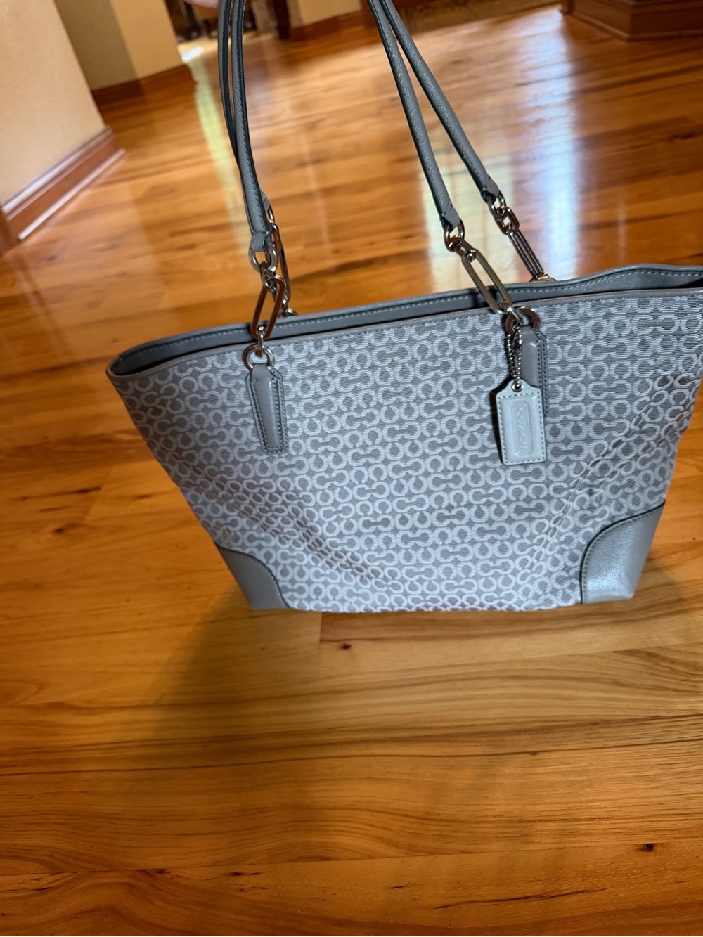 Coach Signature Gray Tote Bag with Leather Trim